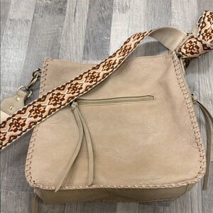 Antik Kraft Beige Shoulder Bag with Patterned Embroidered Strap